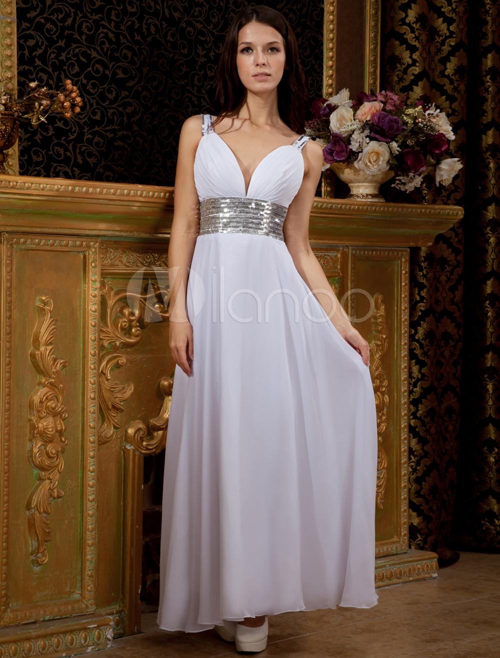 Foto Vestido de Prom Maxi blanco profundo pico chifón satinado