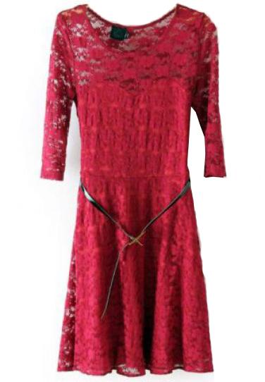 Foto Vestido encaje con cinturón-Rojo