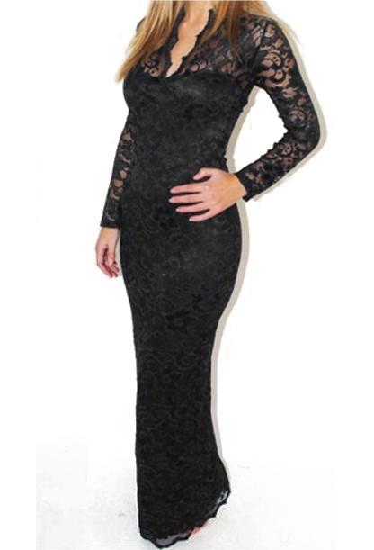 Foto Vestido encaje hueco mangas largas-Negro