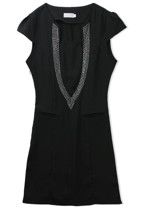 Foto Vestido entallado aplique cristales mangas cortas-Negro