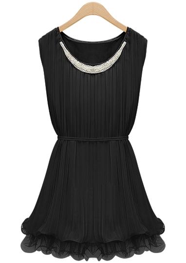 Foto Vestido gasa plisado aplique cuello-Negro