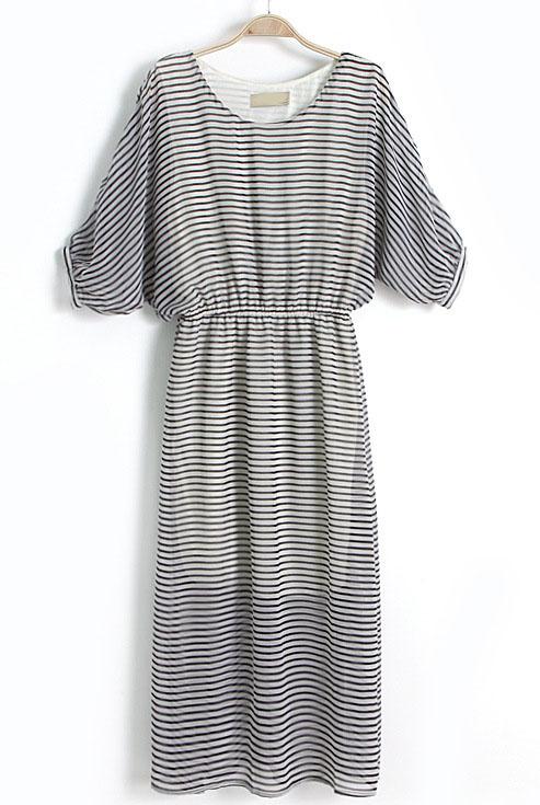 Foto Vestido gasa rayas manga murcielago-Negro