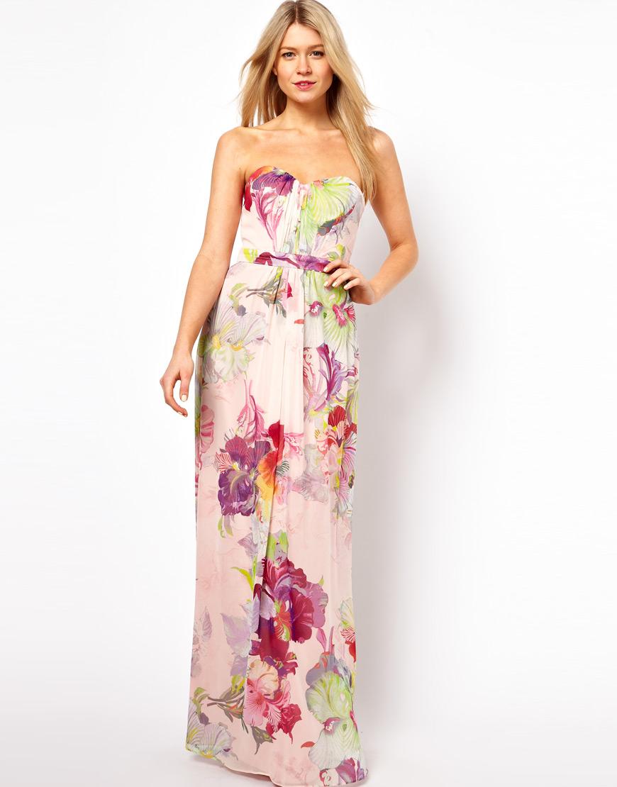 Foto Vestido largo palabra de honor con estampado de orquídeas de Ted B...
