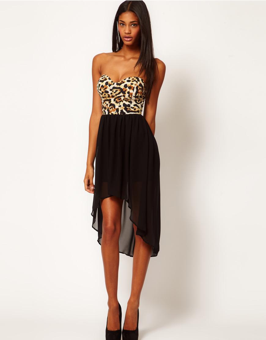 Foto Vestido palabra de honor con bajo asimétrico y estampado de leopar...