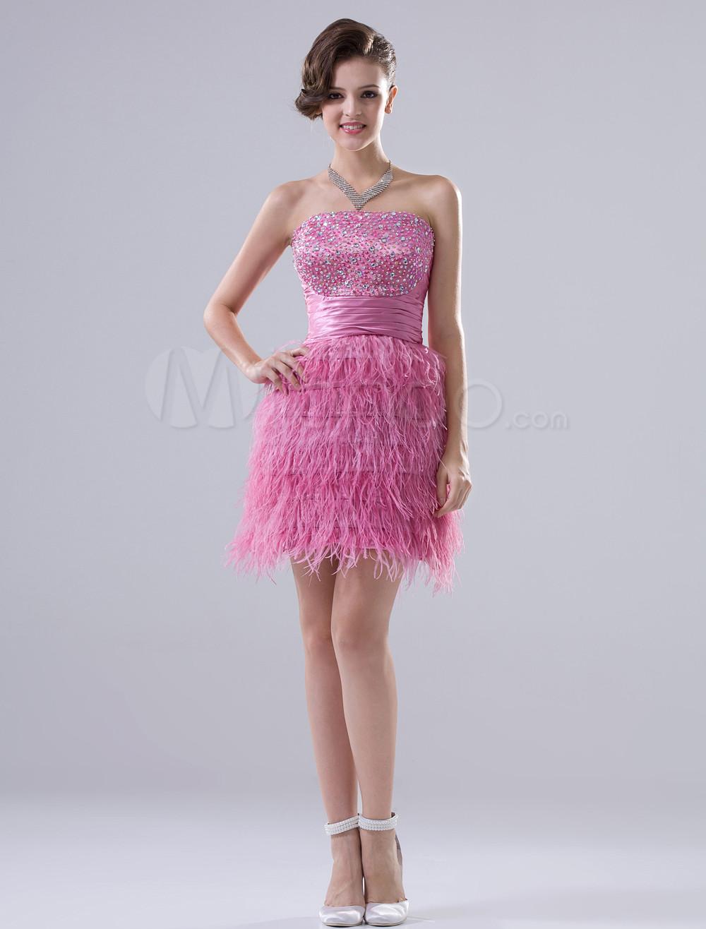 Foto Vestido para cóctel rosa de seda elástica sin tirantes ajustado mini