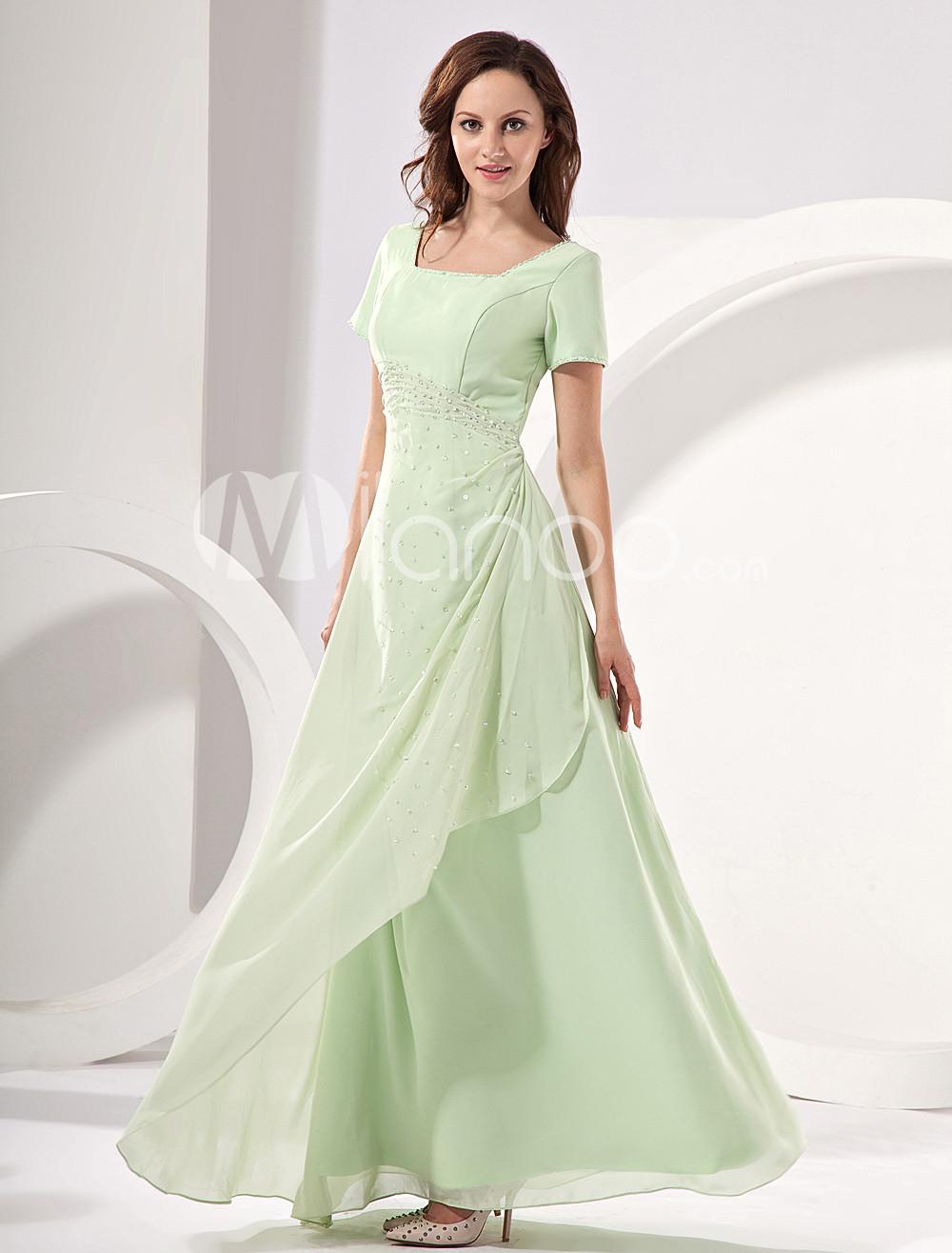 Foto Vestido para la madre de la novia de color verde de hierba de satén y de gasa de línea A con escote cuadrado hasta el suelo