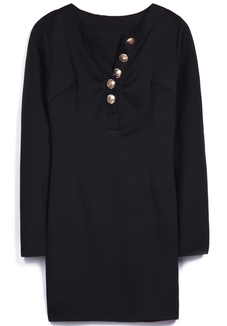Foto Vestido recto cuello pico botonadura mangas largas-Negro