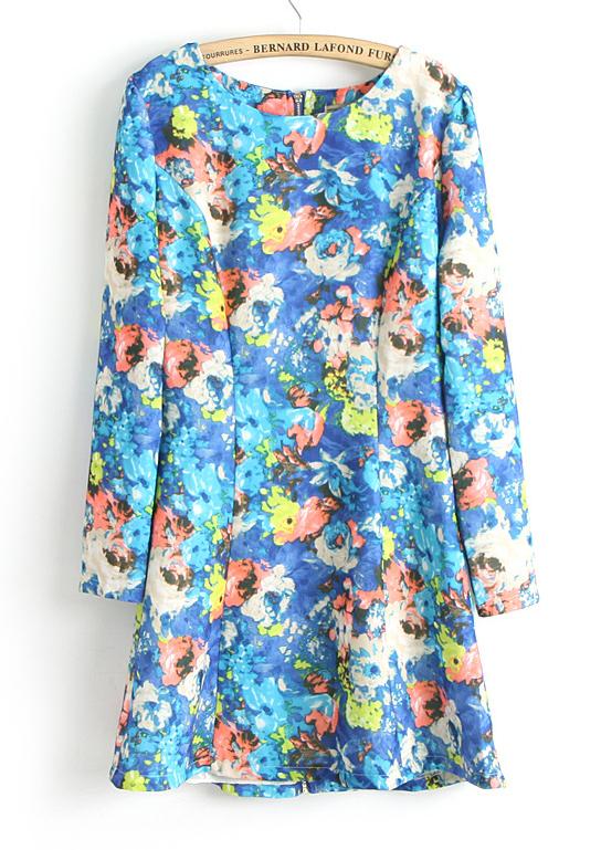 Foto Vestido recto Pintura al óleo mangas largas-Azul