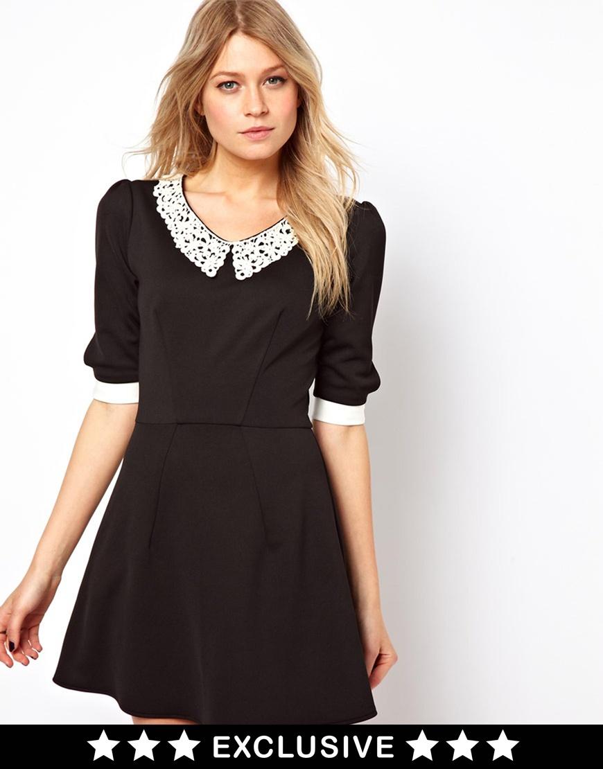 Foto Vestido skater con cuello y puños en contraste de Love Negro con c...