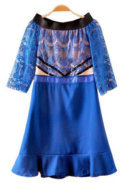 Foto Vestido volantes encaje cuello barco mangas medias-Azul
