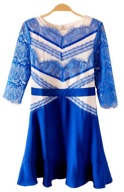 Foto Vestido volantes encaje espalda abierta mangas medias-Azul