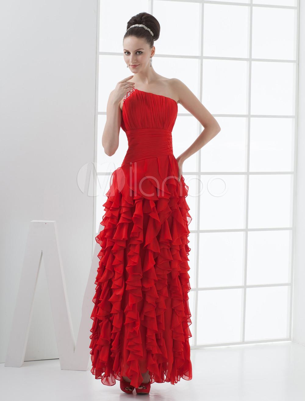 Foto Vestidos de fiesta de gasa de barrido de un solo hombro rojo