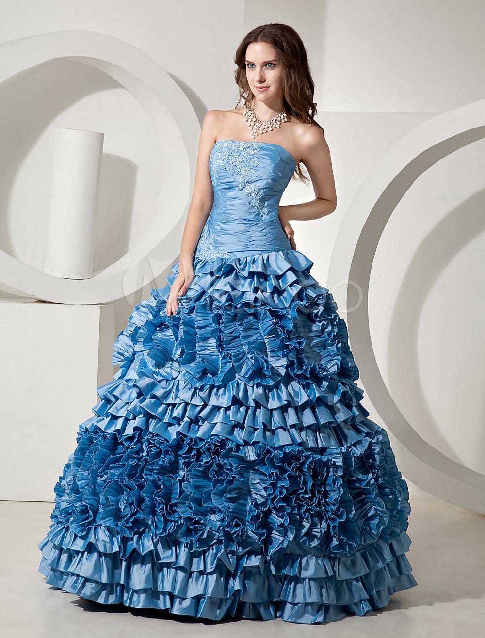 Foto Vestidos de fiesta de tafetán de color celeste sin tirantes de estilo elegante