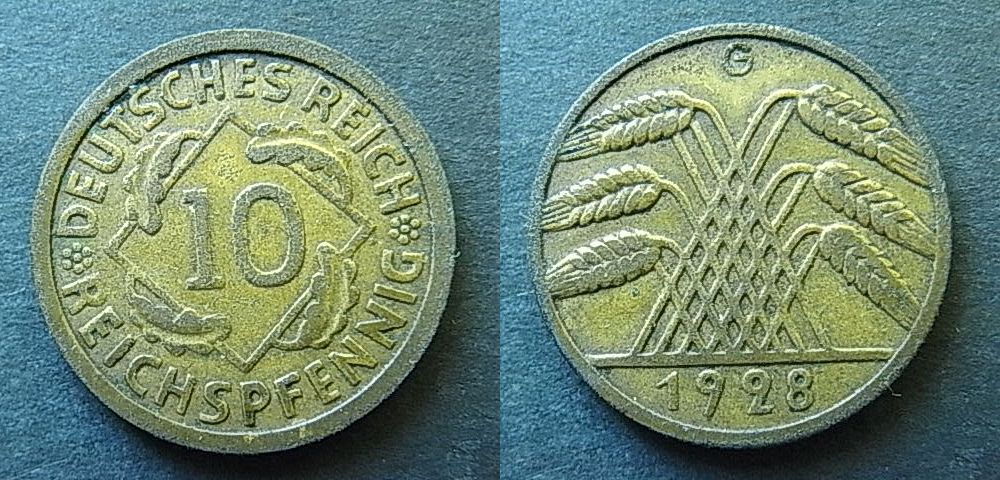 Foto Weimaer Republik 10 Reichspfennig 1928 G