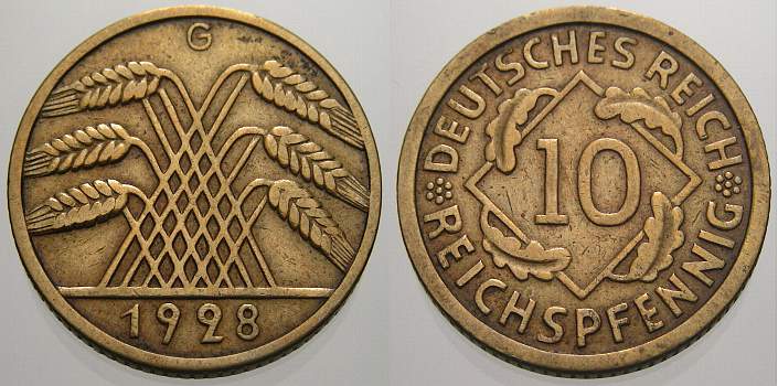 Foto Weimarer Republik 10 Reichspfennig 1928 G