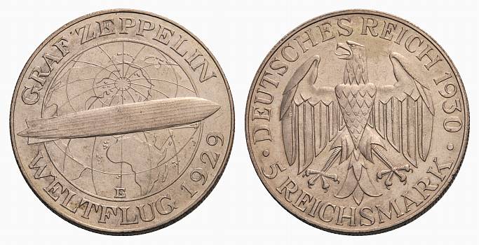 Foto Weimarer Republik 5 Mark 1930 E, Zeppelin