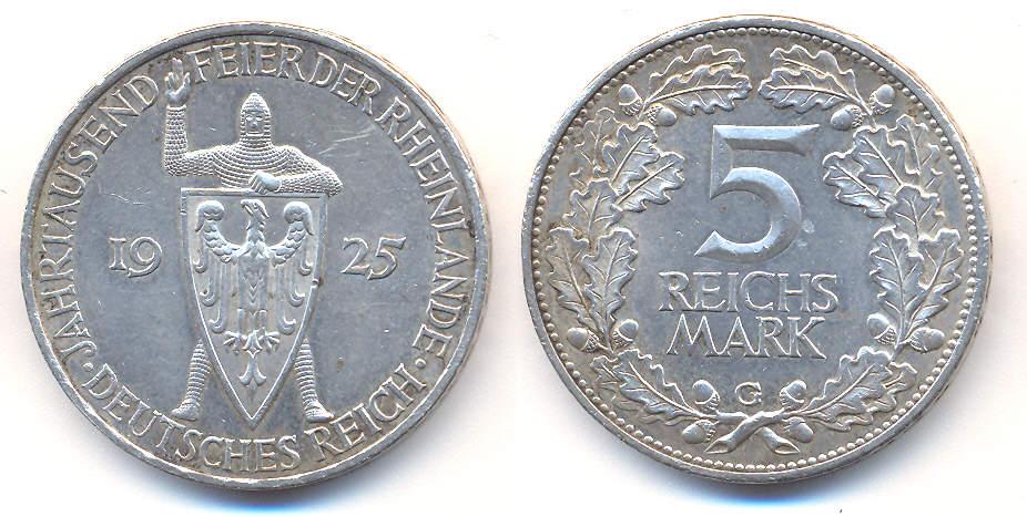 Foto Weimarer Republik 5 Reichsmark 1925 G