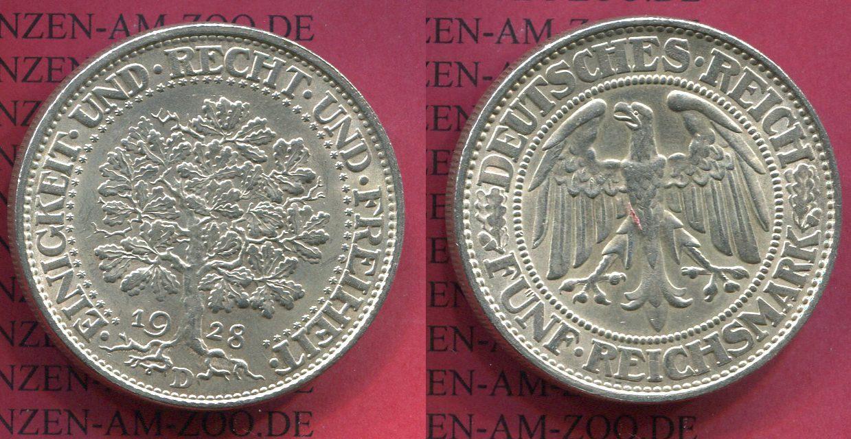 Foto Weimarer Republik Deutsches Reich 5 Mark Kursmünze Silber 1928 D