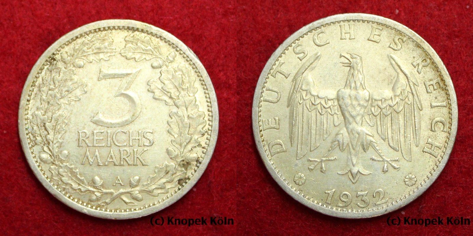 Foto Weimarer Republik/Deutsches Reich 3 Reichsmark Rm 1932 A