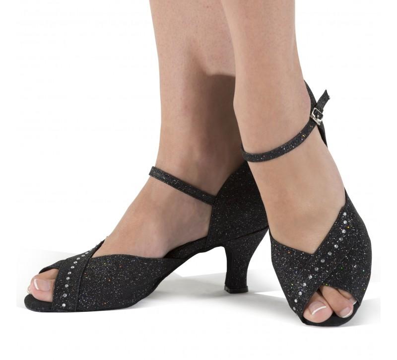 Foto Zapato de baile salón o latino peeptoe negro con brillantina y perlitas.
