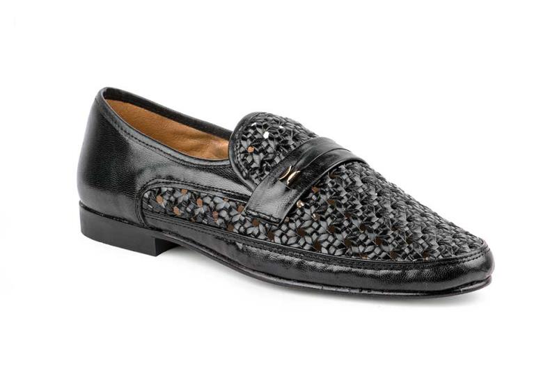 Foto zapato piel trenzado con banda y suela de cuero, negro, talla 40