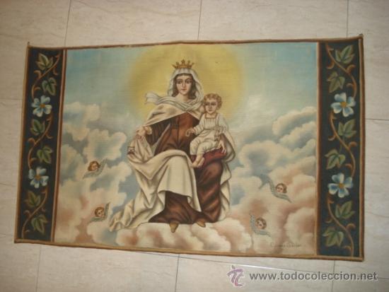 Foto antiguo tapiz pintado a mano , virgen del carmen , firmado carme foto 740573