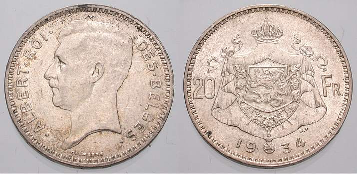 Foto Belgien, Königreich 20 Francs 1934