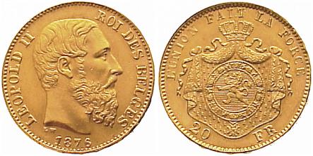 Foto Belgien, Königreich 20 Francs Gold 1875