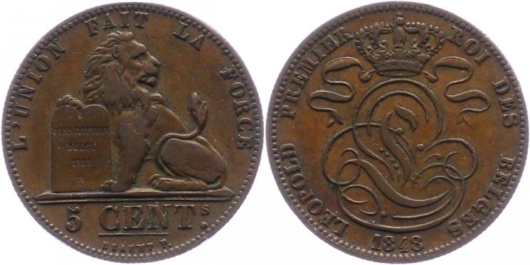 Foto Belgien-Königreich 5 Centimes 1848