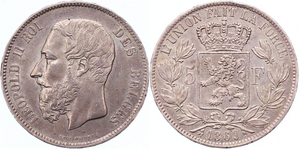Foto Belgien-Königreich 5 Francs 1869