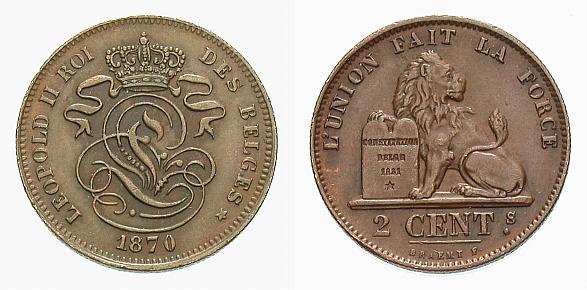 Foto Belgien-Königreich Bronze-2 Centimes 1870