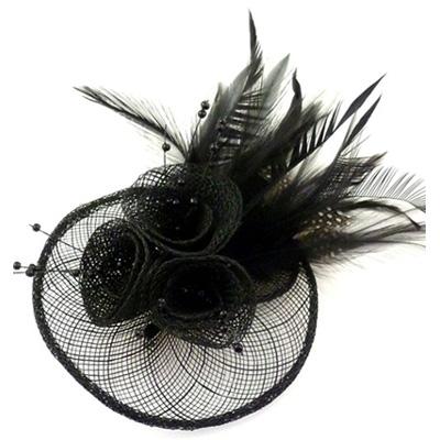 Foto Black Flower Corsage - Mesh Ribbon Bead & Feather Fascinator Brooch