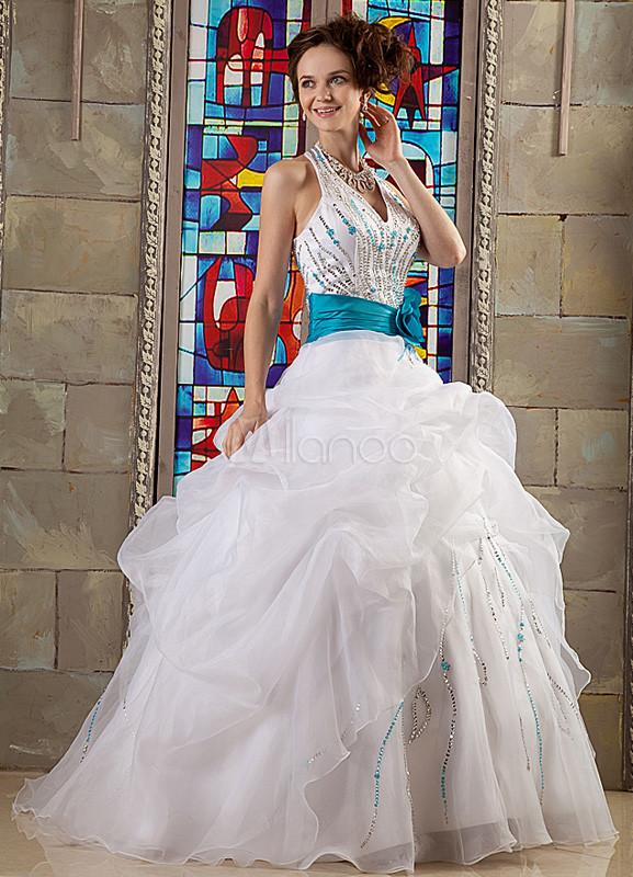 Foto Blanco bola bata Halter Sequin Organza satinada mujer