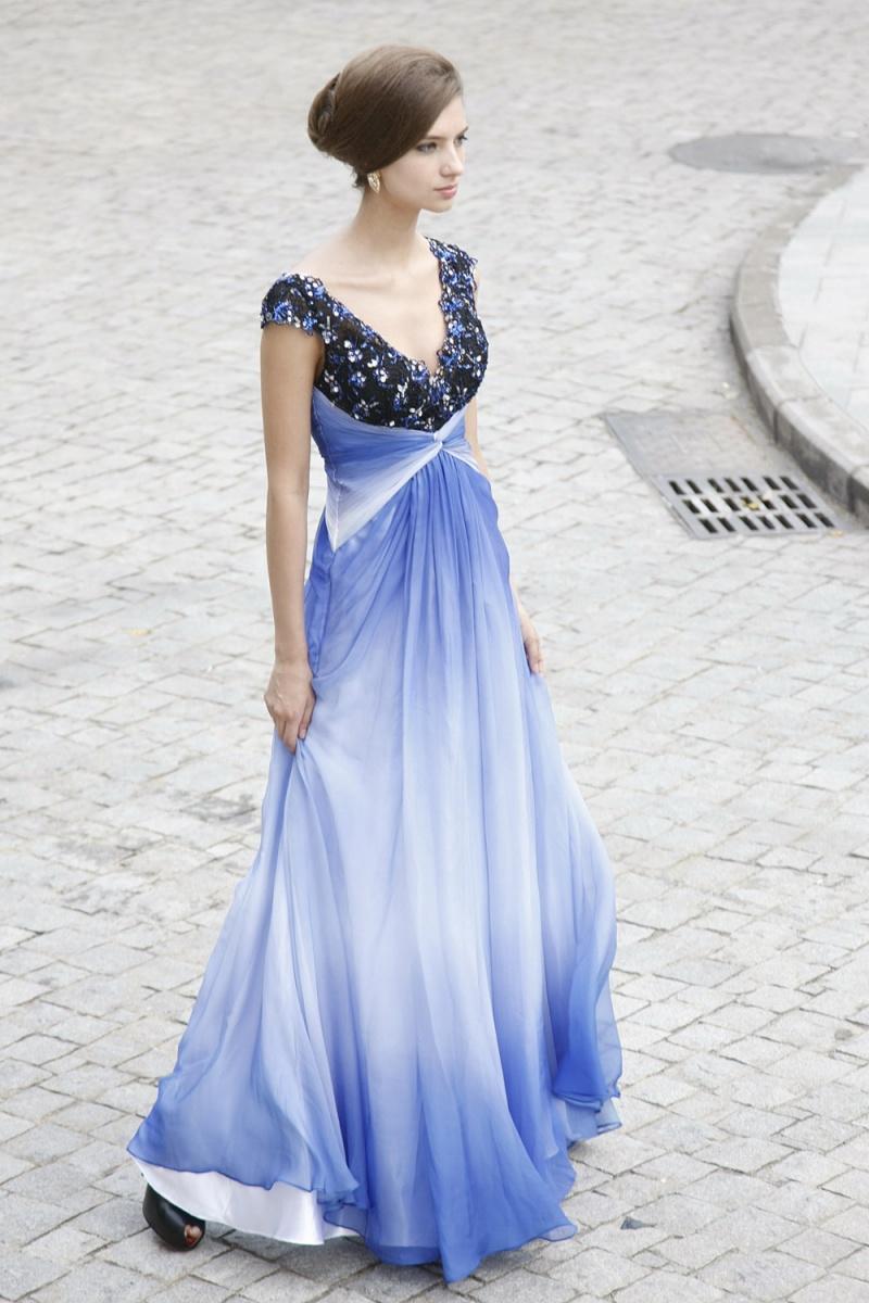 Foto Blue V Neck Floor Length Evening Dress with Beading