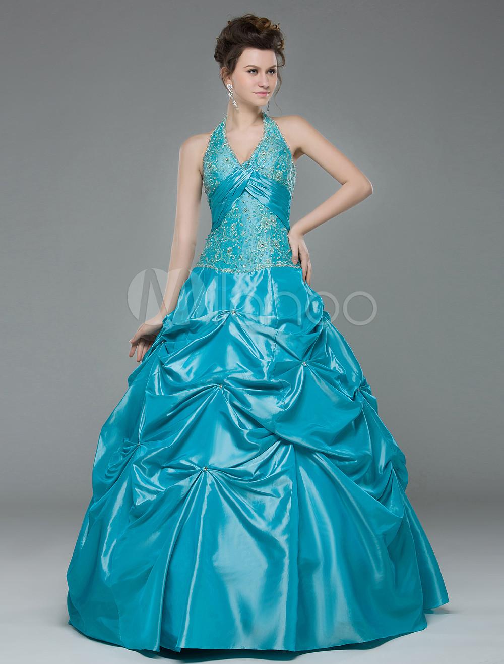 Foto Bordado de tafetán azul elegante vestido de fiesta V-cuello palabra de longitud Femenil foto 869712