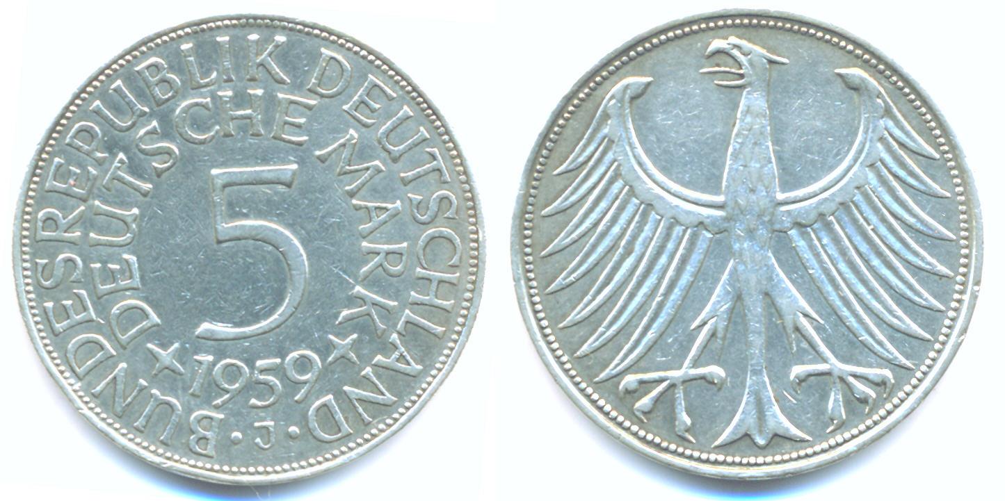 Foto Brd: 5 Deutsche Mark, Kursmünze, 1959 J, foto 613364