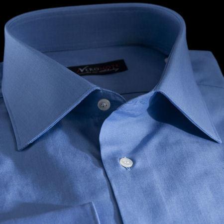 Foto Camisa color liso azul marino algodón tela doble torzal, cuello estilo italiano actualizado, puño redondo