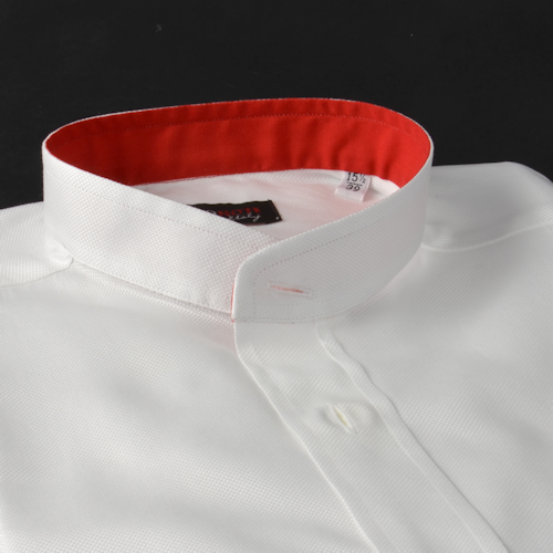 Foto Camisa color liso blanco algodón giro inglés doble torzal, cuello estilo mao, puño recto corto