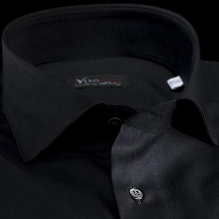 Foto Camisa color liso negro algodón tela doble torzal, cuello estilo francés de puntas cortas, puño doble uso