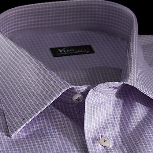 Foto Camisa cuadros morado algodón tela, cuello estilo italiano bajo, puño doble botón foto 447100