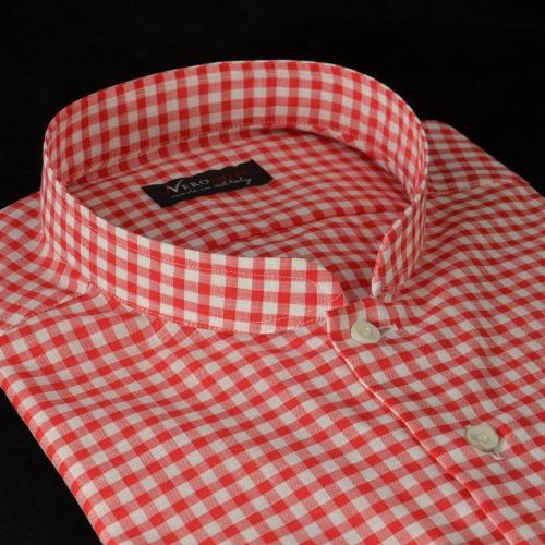 Foto Camisa cuadros rojo algodón zephir oekotex, cuello estilo cuello mao abierto, puño doble botón