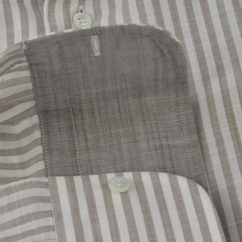 Foto Camisa rayas marrón algodón popelina oekotex, cuello estilo mao sin botón, puño redondo