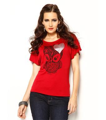 Foto Camiseta mujer manga corta estampado búho rojo foto 121446