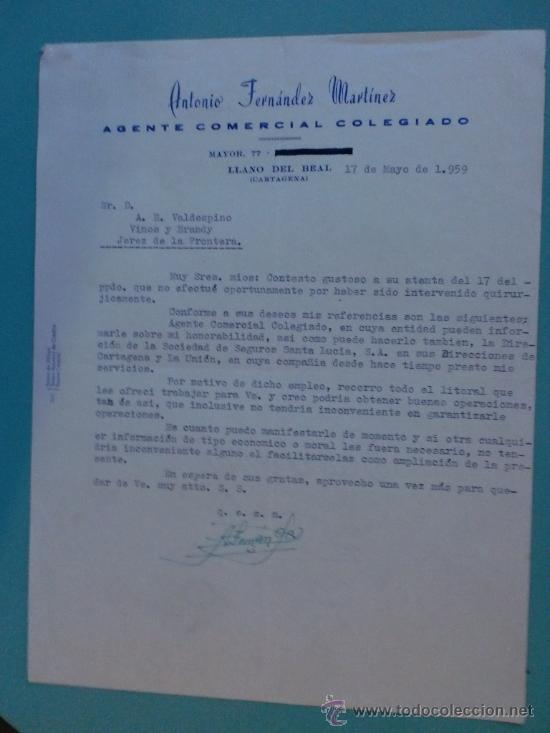Foto carta comercial llano del real cartagena 1959 antonio fernand foto 24430