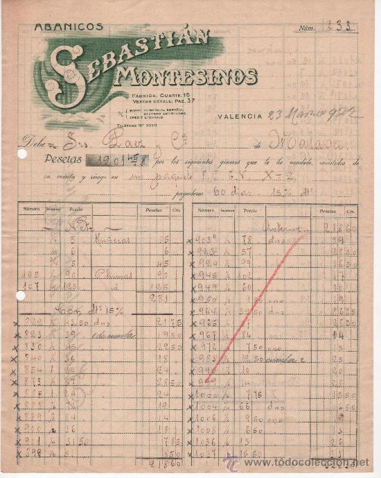 Foto carta comercial, valencia año 1922 abanicos sebastián montesinos foto 24431