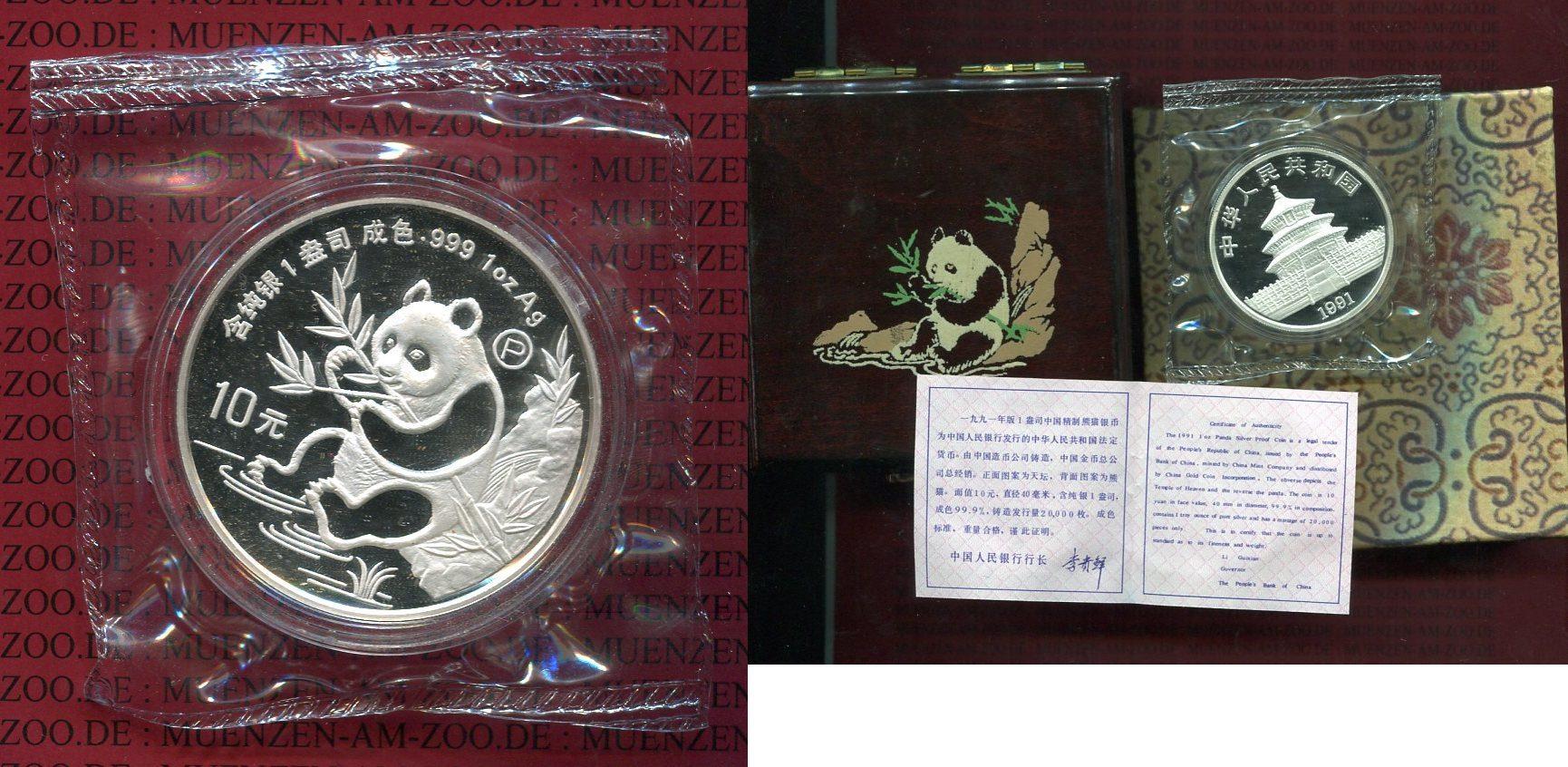 Foto China Volksrepublik, Prc 10 Yuan Panda Silber 1991 P