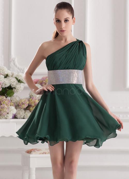 Foto Encantador oscuro verde un hombro corto novia vestido de Dama de honor foto 391385