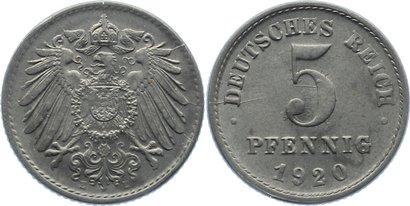 Foto Erster Weltkrieg und Inflation 5 Pfennig 1920 E