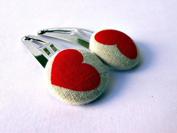 Foto Fabric Button Hair Clips - Pink Valentine Love Heart by Poppy Dreams