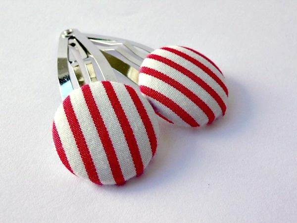 Foto Fabric Button Hair Clips - Red Nautical Striped by Poppy Dreams
